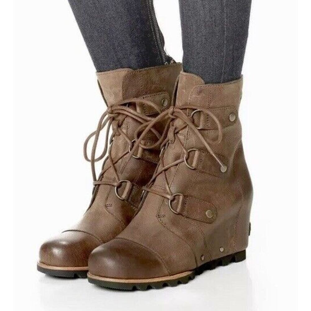Sorel Joan of Arctic Wedge Boots Ankle Women 6.5 Leather Brown NL2173 Shoes